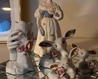 Vintage Porcelain Figurines Collection: Victorian Lady, Hand Vase, and Fawn Group