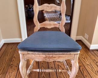 Set of 6 French Provincial Chairs with Cane Seat and Faux Leather Cushions. Some Fading of Underside Fabric onto Rush Seats. Photo 4 of 8. 