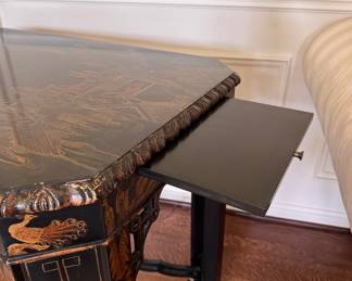 John Widdicomb Ebonized Wood and Parcel Gilt Chinoiserie Tea Table with Pull Out Drink Trays. Measures 33" x 22" x 28" H. Photo 4 of 6. 