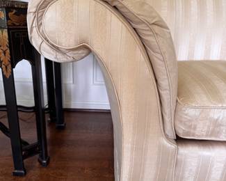 Pair of Silk Upholstered Baker Furniture Camel Back Sofas with Down-Filled Cushions. Each Measures 86" W x 36" D. Photo 3 of 3.