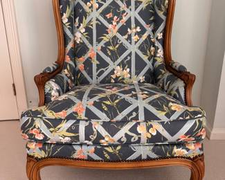 Baker Furniture French Provincial Wingback Chair Upholstered in Lattice Floral Fabric - 2 Available. Each Measures 28" W x 36" D.  Photo 1 of 5.