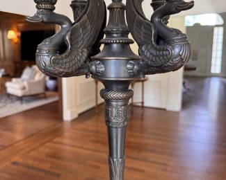 Bronze Floor Lamp with Classical Swam Form Candle Arms. Measures 63" H. Photo 2 of 3.