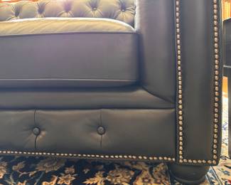 Ink Blue / Black Tufted Leather Upholstered Chesterfield Sofa. Measures 90" W x 40" D. Photo 5 of 6. 