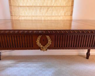 Baker Furniture Mahogany Writing Desk with Tooled Leather Surface.  Measures 72" W x 36" D x 30" H. Photo 2 of 6.