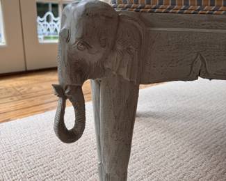 White Washed Hand-Carved Elephant Frame Upholstered Ottoman.  Measures 25" x 25" x 21" H. Photo 2 of 3. 