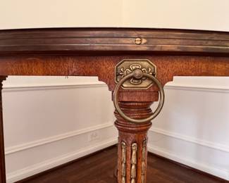 John Widdicomb Louis VXI Style Entry Table with Brass Gallery. Convert to Dining Table / Game Table with Glass Inert. Measures 42" D x 29" with 27" Clearance. Photo 2 of  6.