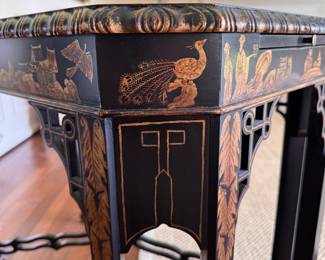 John Widdicomb Ebonized Wood and Parcel Gilt Chinoiserie Tea Table with Pull Out Drink Trays. Measures 33" x 22" x 28" H. Photo 6 of 6. 