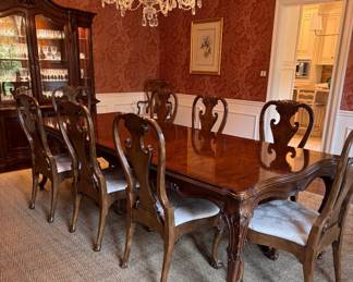 Karges Queen Anne Style Mahogany Dining Table. Comes with Pads. Measures 64" x 41" x 29.5" H with 25" Clearance. Pictured with 3 20.5" Leaves. Photo 1 of 8. 