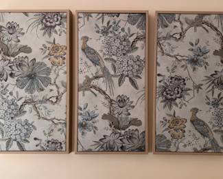 Birds on Branches Framed Canvas Prints. Fabric Pattern is After Villeneuve by Anna French / Thibaut. 