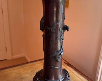Asian-Style Carved Metal Tabled Lamp. Measures 30" H. Photo 2 of 2.