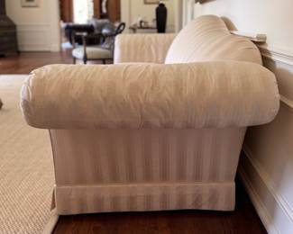 Pair of Silk Upholstered Baker Furniture Camel Back Sofas with Down-Filled Cushions. Each Measures 86" W x 36" D. Photo 2 of 3.