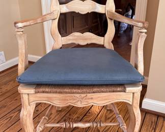 Set of 6 French Provincial Chairs with Cane Seat and Faux Leather Cushions. Some Fading of Underside Fabric onto Rush Seats. Photo 1 of 8. 