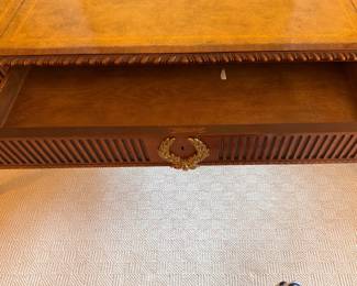 Baker Furniture Mahogany Writing Desk with Tooled Leather Surface.  Measures 72" W x 36" D x 30" H. Photo 3 of 6.