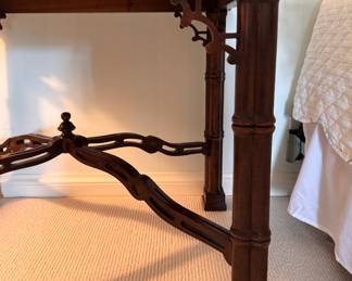 Mahogany Accent Table with Fretwork and Faux Bamboo Styling. Top Needs Refinishing. Measures 30" W x 16" D x 25" H. Photo 2 of 3.