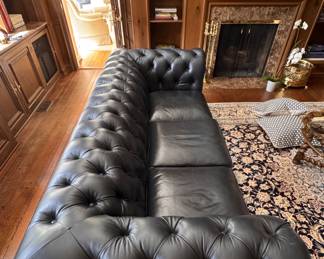 Ink Blue / Black Tufted Leather Upholstered Chesterfield Sofa. Measures 90" W x 40" D. Photo 3 of 6. 