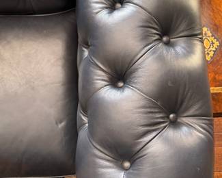 Ink Blue / Black Tufted Leather Upholstered Chesterfield Sofa. Measures 90" W x 40" D. Photo 4 of 6. 