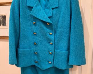 Vintage Turquoise Chanel Double Breasted Tweed Jacket & Skirt. Size 4. 