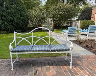 Regency Style Painted Metal Garden Bench with Cushion.