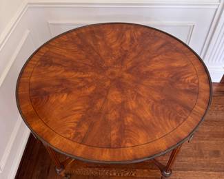 John Widdicomb Louis VXI Style Entry Table with Brass Gallery. Convert to Dining Table / Game Table with Glass Inert. Measures 42" D x 29" with 27" Clearance. Photo 3 of  6.