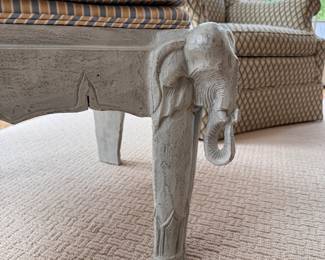 White Washed Hand-Carved Elephant Frame Upholstered Ottoman.  Measures 25" x 25" x 21" H. Photo 1 of 3. 