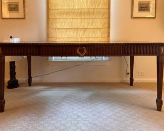Baker Furniture Mahogany Writing Desk with Tooled Leather Surface.  Measures 72" W x 36" D x 30" H. Photo 1 of 6. 