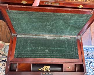Antique Burl Walnut Campaign Style Lap Desk with Stand - 2 Available. Each Measures Approximately 20" W x 10" D x 19" H. Photo 4 of  8