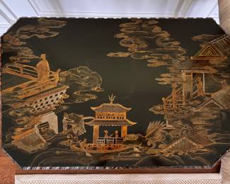 John Widdicomb Ebonized Wood and Parcel Gilt Chinoiserie Tea Table with Pull Out Drink Trays. Measures 33" x 22" x 28" H. Photo 3 of 6. 