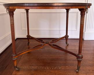 John Widdicomb Louis VXI Style Entry Table with Brass Gallery. Convert to Dining Table / Game Table with Glass Inert. Measures 42" D x 29" with 27" Clearance. Photo 1 of  6.