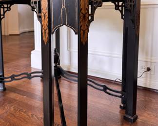 John Widdicomb Ebonized Wood and Parcel Gilt Chinoiserie Tea Table with Pull Out Drink Trays. Measures 33" x 22" x 28" H. Photo 5 of 6. 