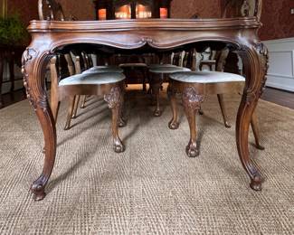 Karges Queen Anne Style Mahogany Dining Table. Comes with Pads. Measures 64" x 41" x 29.5" H with 25" Clearance. Pictured with 3 20.5" Leaves. Photo 3 of 8.