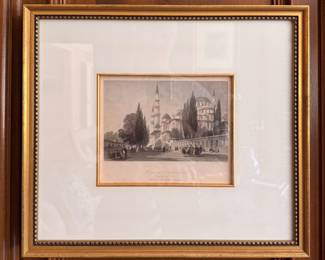Framed Antique Chromolithograhs: Batavia, Singapore, The Herring Tower in Amsterdam, The Palace in Amsterdam, Mosque of Sultan and Gegenstaende. Each Measures 5" x 8.5", 16" W x 13" H Overall. Photo 6 of 11.