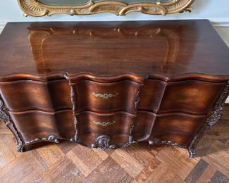 John Widdicomb Serpentine-Front French Provincial Two-Drawer Commode with Hidden Drawer Pulls. Measures 50" W x 20.5" D x 32" H. Photo 2 of 8. 