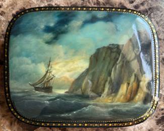 Vintage Signed Russian Lacquered Maritime Seascape Box. Measures 5" x 4". Photo 1 of 3. 