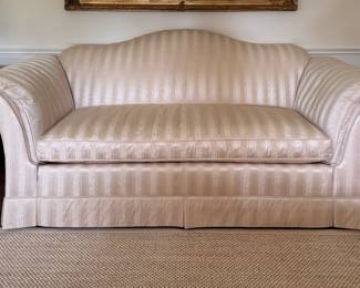 Pair of Silk Upholstered Baker Furniture Camel Back Sofas with Down-Filled Cushions. Each Measures 86" W x 36" D. Photo 1 of 3.  
