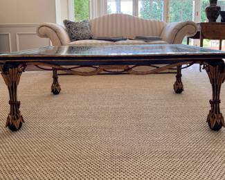 Neoclassical Parcel-Gilt and Ebonized Wood Coffee Table with Glass Top.  Measures 52" x 32" x 19" H.  Photo 1 of 6. 