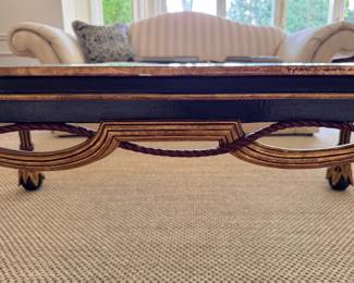 Neoclassical Parcel-Gilt and Ebonized Wood Coffee Table with Glass Top.  Measures 52" x 32" x 19" H.  Photo 2 of 6.