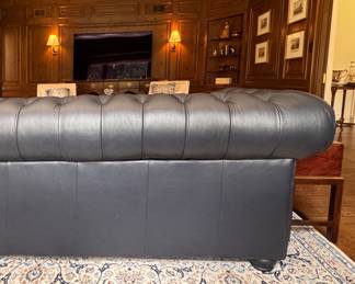 Ink Blue / Black Tufted Leather Upholstered Chesterfield Sofa. Measures 90" W x 40" D. Photo 6 of 6. 