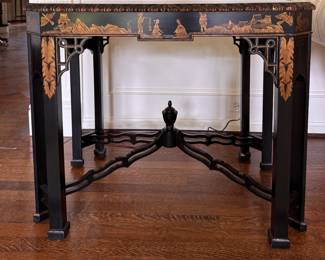 John Widdicomb Ebonized Wood and Parcel Gilt Chinoiserie Tea Table with Pull Out Drink Trays. Measures 33" x 22" x 28" H. Photo 1 of 6.  
