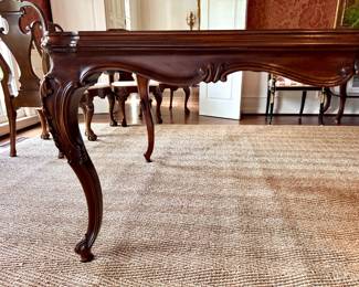 Karges Queen Anne Style Mahogany Dining Table. Comes with Pads. Measures 64" x 41" x 29.5" H with 25" Clearance. Pictured with 3 20.5" Leaves. Photo 5 of 8.