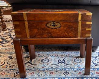 Antique Burl Walnut Campaign Style Lap Desk with Stand - 2 Available. Each Measures Approximately 20" W x 10" D x 19" H. Photo 5 of  8