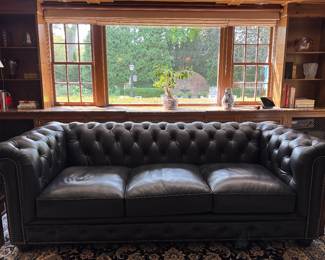 Ink Blue / Black Tufted Leather Upholstered Chesterfield Sofa. Measures 90" W x 40" D. Photo 1 of 6. 