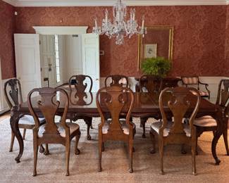 Karges Queen Anne Style Mahogany Dining Table. Comes with Pads. Measures 64" x 41" x 29.5" H with 25" Clearance. Pictured with 3 20.5" Leaves. Photo 2 of 8.