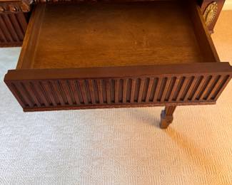 Baker Furniture Mahogany Writing Desk with Tooled Leather Surface.  Measures 72" W x 36" D x 30" H. Photo 4 of 6.