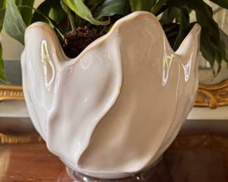 Glazed Ceramic Tulip Shaped Planter & Plant. Photo 2 of 2. 