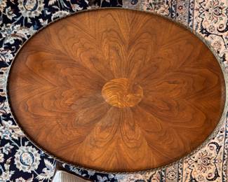 Baker Furniture Side Table with Radial Feather Grain Pattern and Brass Gallery and Faux Bamboo Frame.  Photo 2 of 5. 