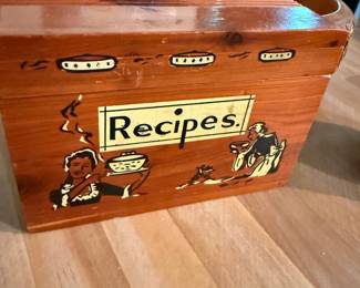 Vintage Hand-Painted Wooden Recipe Box with Mid-Century Graphics