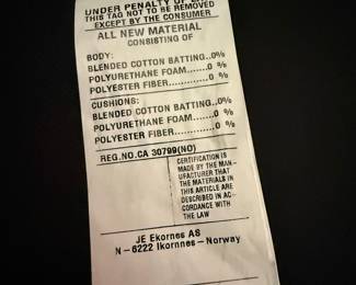 Stressless Furniture Upholstery Tag