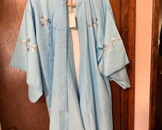 Vintage Ichiban Blue Floral Embroidered Satin Kimono Robe