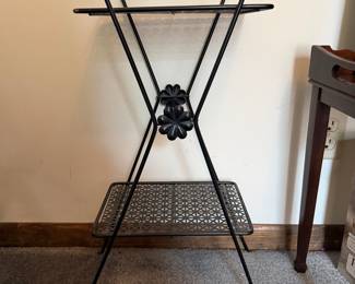 Mid-Century Modern Black Metal Two-Tier Plant Stand with Floral Medallions