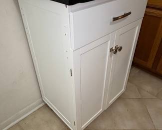 White Kitchen Island Cart with Dark Top, Drawer, and Cabinet